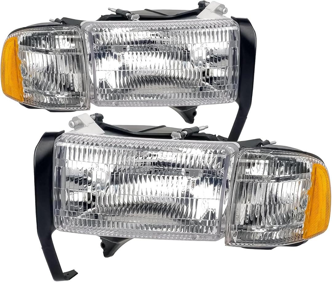Headlights Assembly compatible with 1994-2001 Dodge Ram 1500,94-02 RAM 2500 3500 (Non-Sport Models) Headlights w/Bulb & Corner Lights, Driver Passenger Side, Chrome Housing Clear Lens