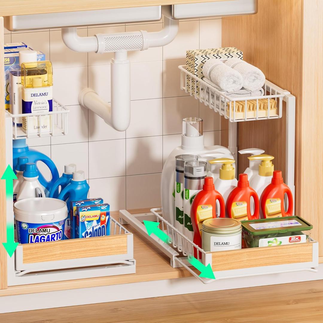 Delamu 2 Pack Under Sink Organizer and Storage, Height Adjustable Under Kitchen Sink Organizer, 2 Tier Pull Out Under Cabinet Organizer, White Under Counter Storage for Kitchen Bathroom