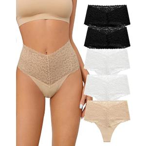 SHARICCA Women Seamless High Waist Underwear Sexy Floral Lace Thong Soft Comfortable Panties Pack of 5, L, 2 Black 2 White 1 Skin