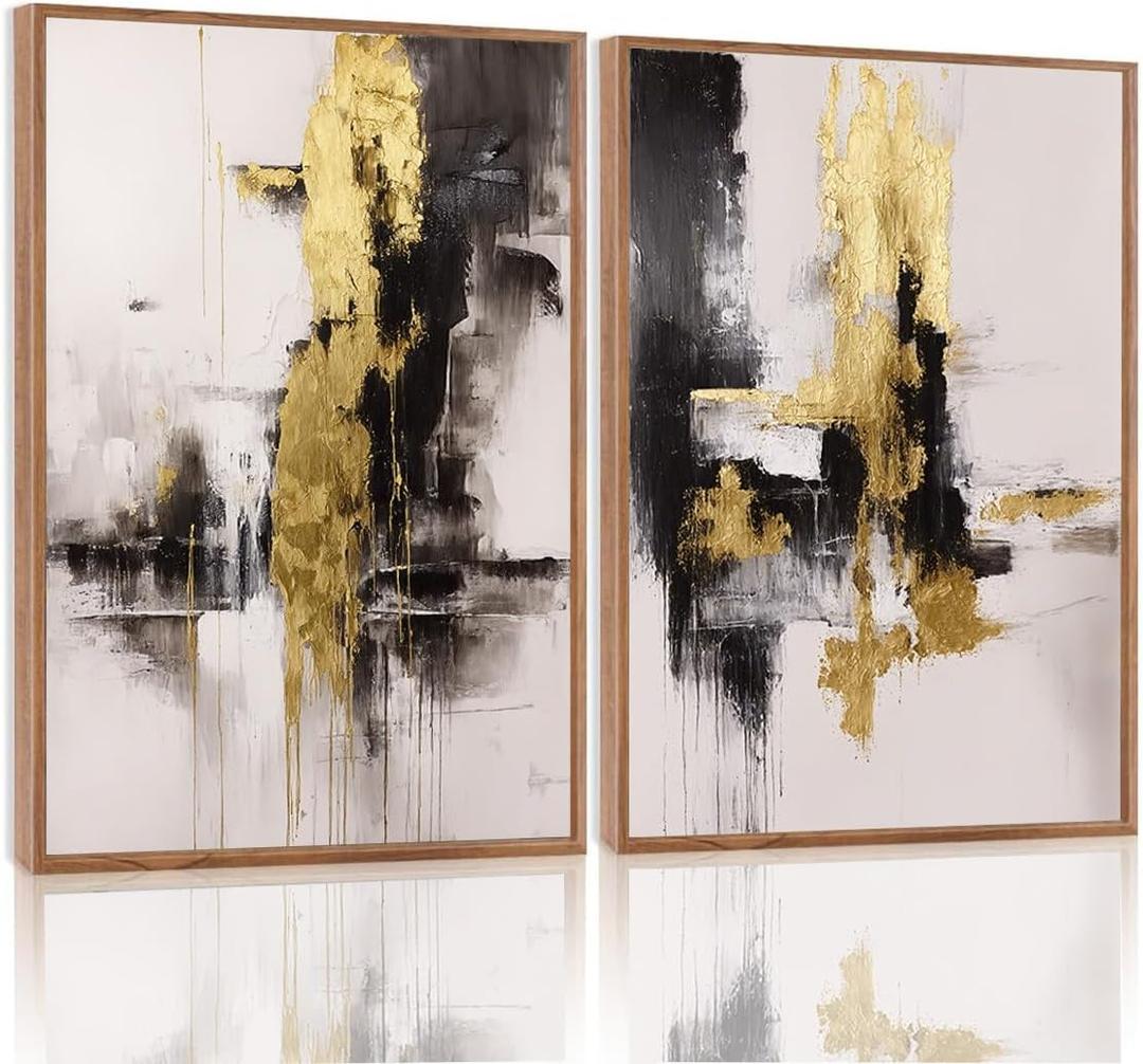 Framed Wall Art Abstract Canvas Wall Art Set of 2 Black Gold Decor Pictures Modern Print Artwork for Bedroom Living Room Office 16x24 inch Framed