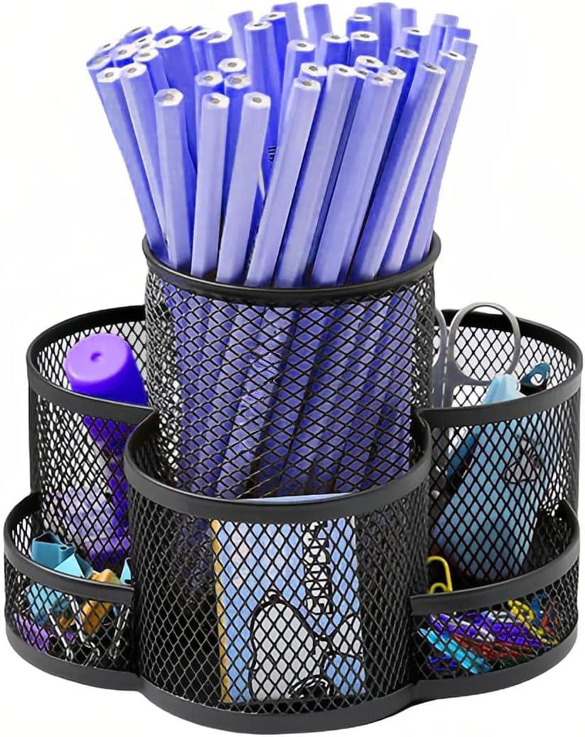 360 Degree Rotating Desk Organizer, Makeup Brush Holder, Pen Pencil Cup Storage for Office, 7 Slot, Black