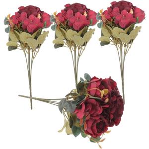 Vaguelly 4pcs Romantic Rose Bouquet Faux Flower Centerpiece for Weddings Home Decor Easy to Arrange for Table Decorations Floral Arrangements Elegant Design (Dark Red)
