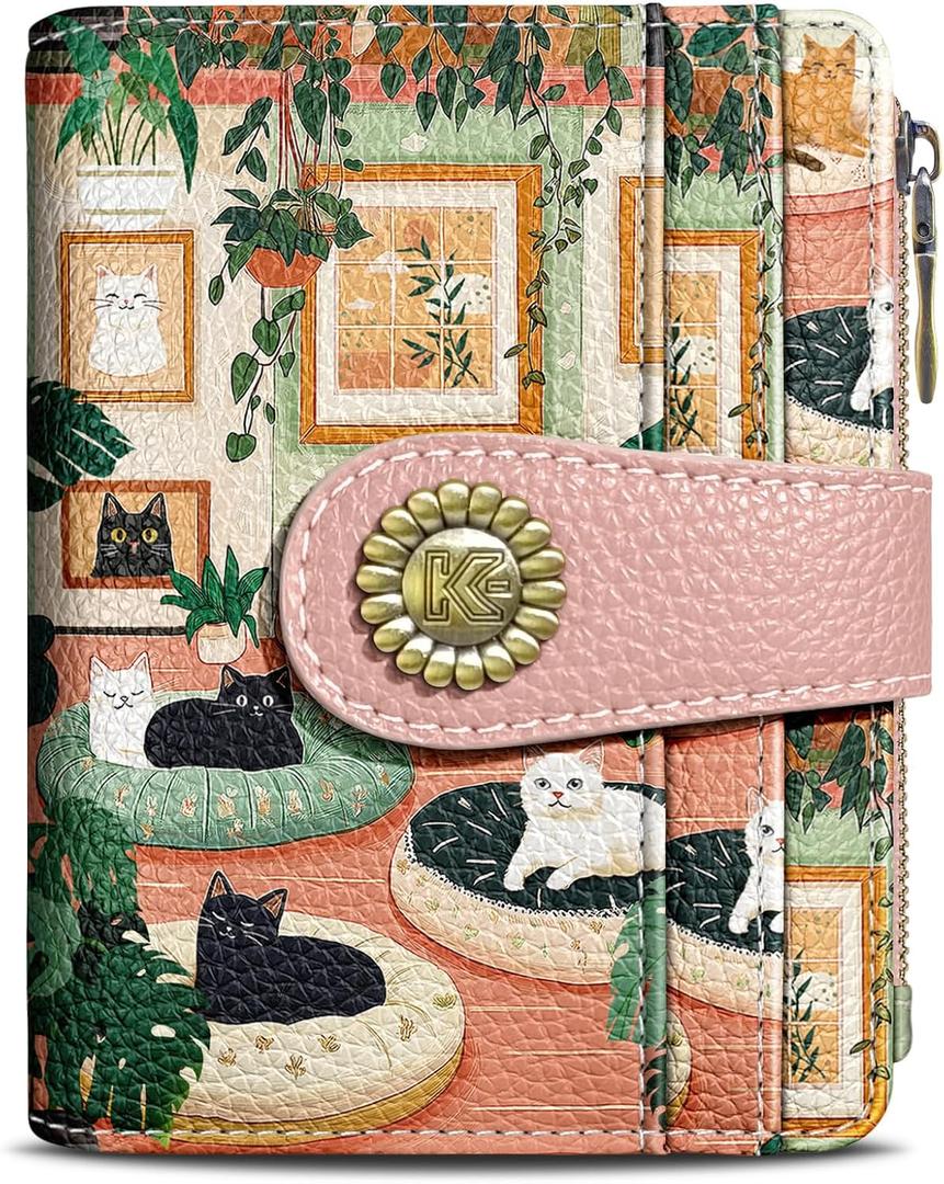 Cute Lovely Black Cats Small Rfid Women Wallet Bifold Zipper Coin Pocket PU Leather Compact Cash Travel Credit Card Holder for Female Ladies Teen Girls 1 ID Window 10 Card Slots