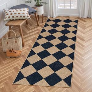 Checkerboard Easy Jute Runner Rugs for Hallway 2x6 Non-Slip Modern Geometric Bedside Rug, Stain-Resistant Low Pile Floor Runner