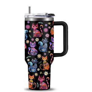 Cat Gifts for Women Cats Tumbler with Handle 40Oz Christmas Birthday Flowers & Elegance Cats Gift for Cat Lover Owner