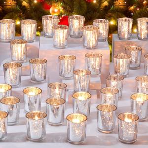 50 Pcs Votive Candle Holders Bulk Mercury Glass Votive Candle Holder Tealight Candle Holder Wedding Centerpiece for Table Home Birthday Anniversary Bridal Shower Party Decoration Reception (Silver)