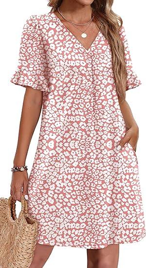 OFEEFAN Summer Dresses for Women Ruffle Short Sleeve V Neck Casual Shift Dress with Pockets (Large)
