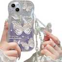 Compatible with iPhone 15 Pro Max Case for Women/Girls, Cute Butterfly Glitter Bling with Bracelets Anti-Scratch Shockproof Case for iPhone 15 Pro Max, Purple with Bracelets