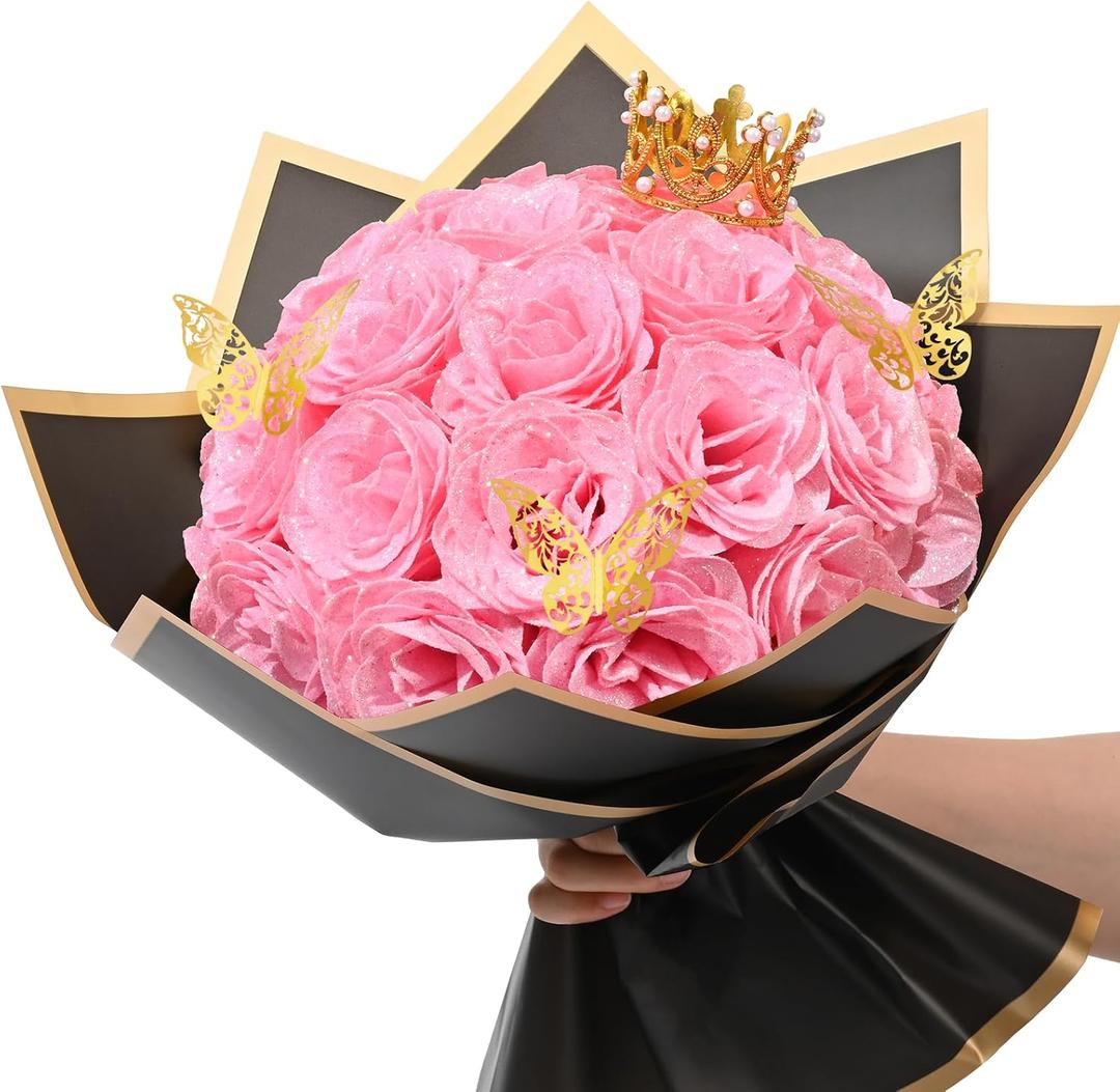 Waipfaru Pink Glitter Roses Bouquet, DIY Fake Flowers Bouquet, Everlasting Shiny Artificial Rose Bouquet for Valentine's Day, Anniversary, Engagement, Wedding, 24 Roses