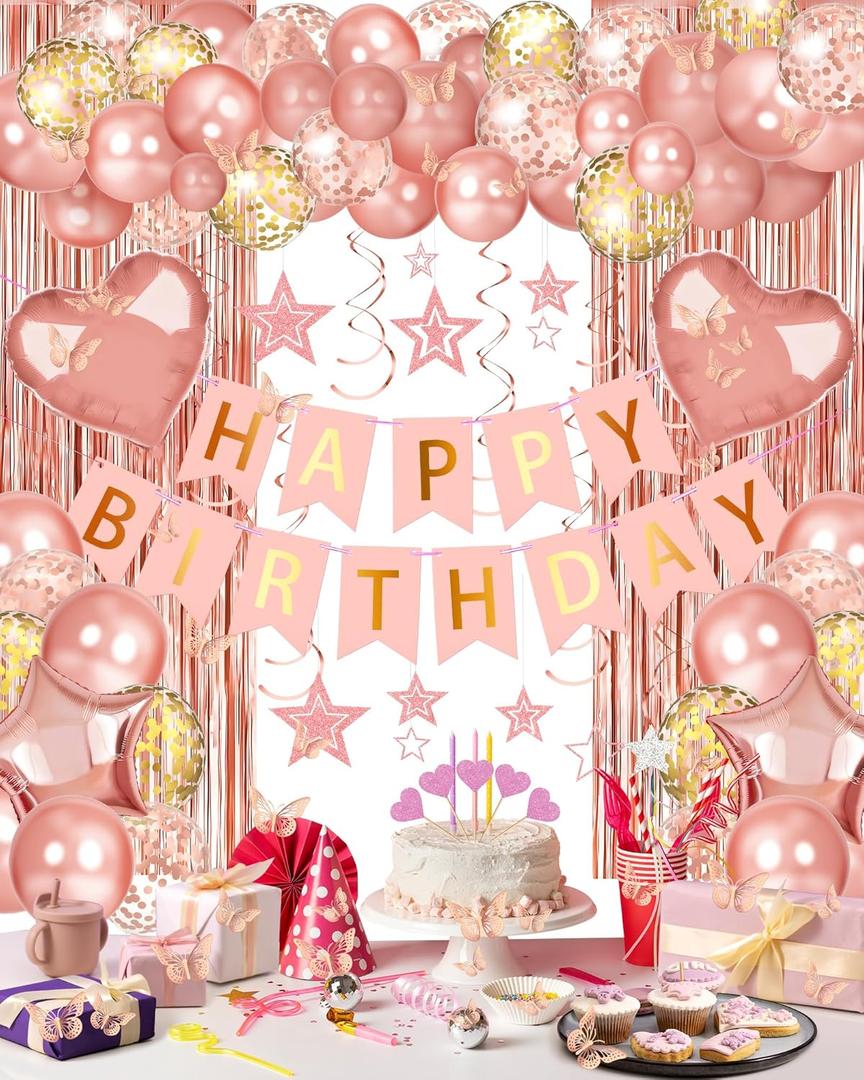 Rose Gold Happy Birthday Party Decorations, Happy Birthday Banner, Rose Gold Foil Heart Star Confetti Balloons Curtain Backdrop Hanging Swirls Party Decor for Girls Women Princess