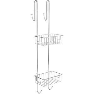 Bamodi Shower Caddy Hanging - 2 Tier Over Door Chrome Plated - No Drilling Required - Fits Shower Screens up to 0.78 inches - Hangable Shower Rack with 2 Towel Hooks (27.5 x 7.5 x 7.3 INCHES)