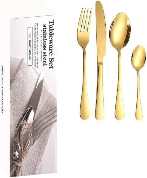 Silverware Flatware Cutlery Set, Stainless Steel Tableware Set With Four Main Pieces, Simple Box, Cutlery, Fork And Spoon Set(Color:Gold), 6 of each