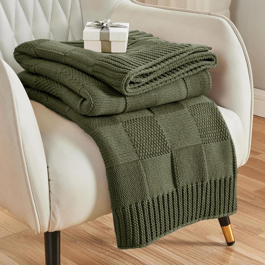 CozeCube Check Knit Throw Blanket, Olive Green Checkered Throw for Couch, Decorative Christmas Soft Cozy Warm Knitted Blanket for Bed Sofa Living Room, 50"X60" (50"X60", Burnt Olive)
