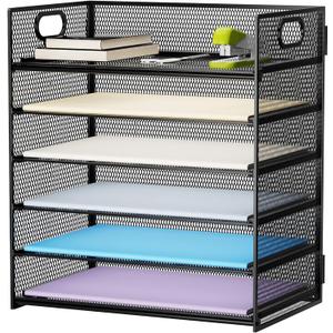 Marbrasse 6 Tier Paper Organizer Letter Tray - Mesh Desk File Organizer with Handle, Paper Sorter Organizer for Letter/A4 Office File Folder Holder - Black (6 Tier - Black)