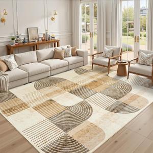 8x10 Area Rugs for Living Room-Washable Modern Geometric Neutral Beige Rug, Soft Non-Slip Indoor Floor Abstract Carpet for Bedroom Dining Room Nursery Office Home Decor