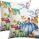 4 x Artscope Fall Decorative Throw Pillow Covers 18x18 Inch Set of 2, Watercolor Pumpkin Fallen Leaves Outdoor Farmhouse Pillow Cases for Home Sofa Couch-Blue