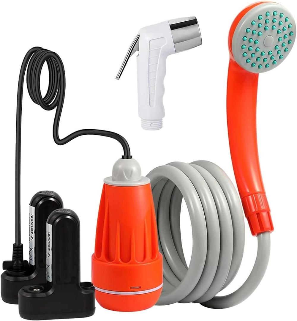 KEDSUM Portable Shower, Portable Camp Shower Pump with Rechargeable Battery, Portable Shower for Camping, Portable Outdoor Shower Head for Camping, Hiking, Traveling(+ Handheld Sprayer) (Orange-2 Batteries)