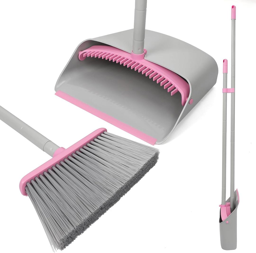 Pink Broom and Dustpan SetExtendable 52" Brooms for Sweeping Indoor Broom with Dustpan Combo Set for Home Kitchen Office Lobby Floor Standing Dust Pan