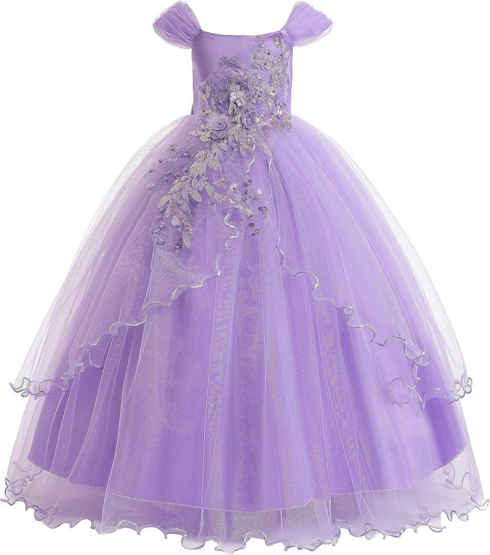 Weileenice Vintage Off the Shoulder Flower Girl Dress Lace Embroidery Little/Big Girls Wedding Bridesmaid Holiday Ballgown (11-12 Years, Lavender)