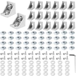 20 Set Silver 4040 Series Aluminum Extrusion Profile Connector, Includes 1pc Wrench, 20pcs 3540 Corner Bracket, 40pcs M8 T-Slot Sliding Nuts and Hex Screw Bolt for 20S Aluminum Rail Accessories