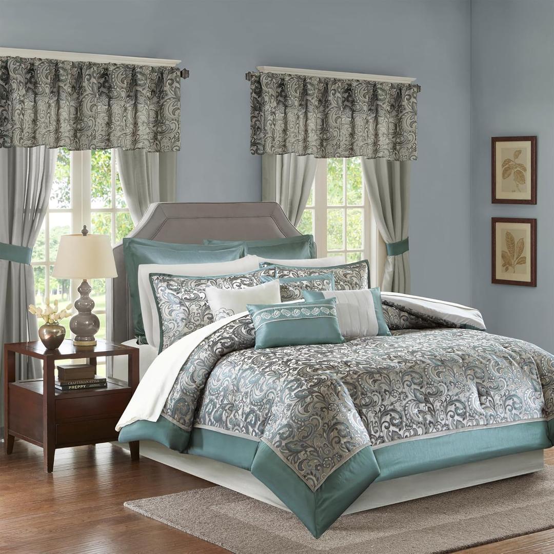 Madison Park 24 Piece Faux Silk Paisley Queen Comforter Set with Matching Curtains, Down Alternative Hypoallergenic - Teal, Queen (90 in x 90 in)