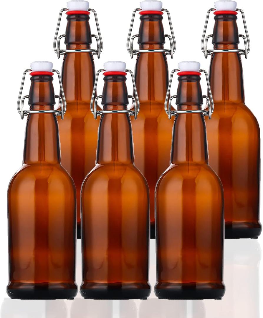 SureSave Beer Bottles with Easy Flip Top | 16 Oz Amber Glass Bottle Set with Airtight Cap for Kombucha, Carbonated Drinks, Brewing, and Fermenting (6 Pack)