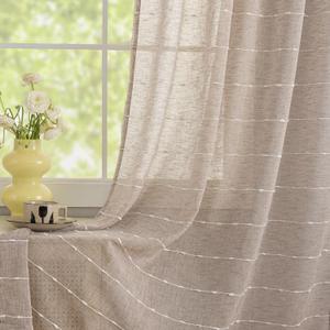 Taupe Linen Textured Embroidered Curtains for Living Room 63 Inch Length 2 Panels Set with Pom Pom Farmhouse Semi Sheer Light Filtering Rod Pocket Drapes for Dining Patio Door，52" W x 63" L