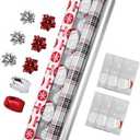 LaRibbons Christmas Wrapping Paper Set, Classic Santa Face & Plaid Design with Gift Bow & Ribbons & Tags, Perfect for Christmas, Holiday, Winter Party, Xmas, 30 Inch X 10 Feet (4Rolls, 100 sq.ft.ttl.)