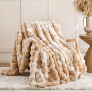 Smoofy Faux Fur Throw Blanket for Couch - Tie-dye Camel Soft Cozy Bubble Blanket, Beige Fluffy Plush Fuzzy Throw for Sofa & Bed, Thick Lightweight Warm Blanket, Luxury Aesthetic Gift for Women 60x80