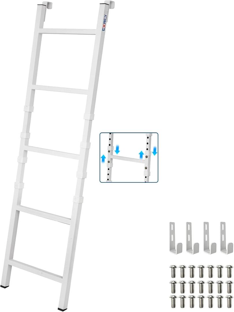 RV Bunk Bed Ladder, Upgraded - Adjustable Height 55"-71", Telescoping Heavy Duty Travel Trailer Bed Ladders with 4 Hook and Foot Caps, Anti-Slip Ladder for Home Dorm Appartments, Load 300 LBS -White
