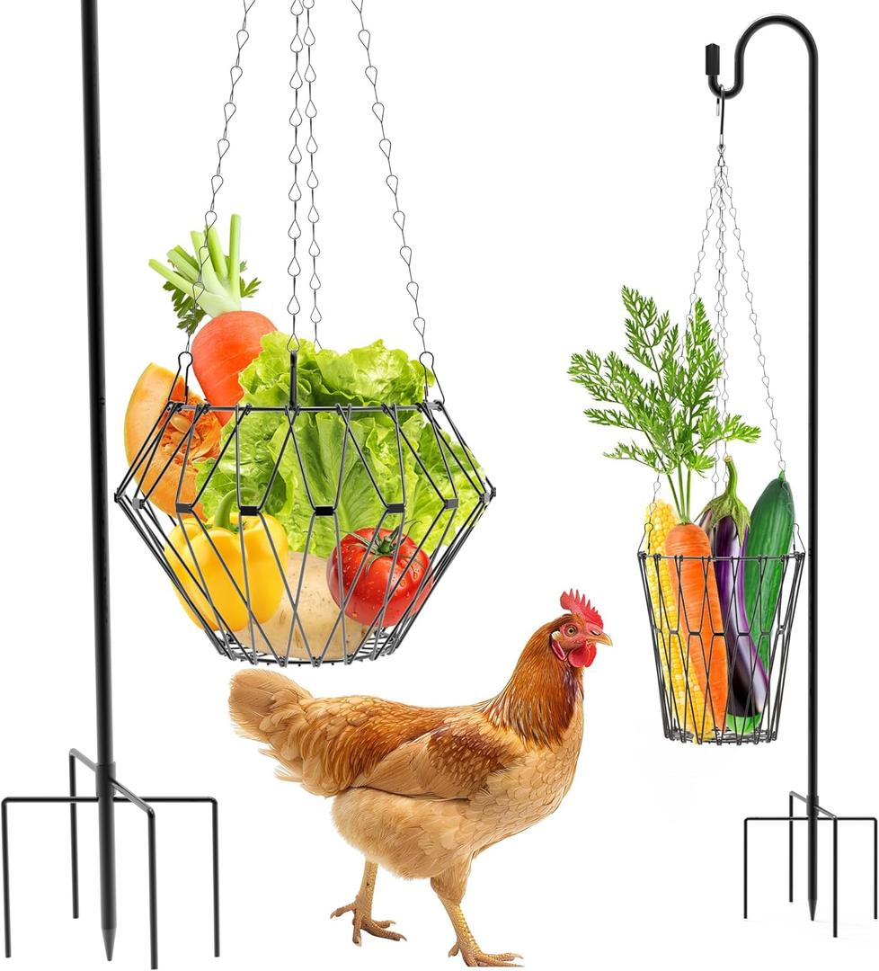 Hanging Chicken Feeder with Shepherd's Hook, Foldable Chicken Vegetable Fruits Feeder, Poultry Feeding Holder Basket with Hanging Chain for Chicken Coop Accessory
