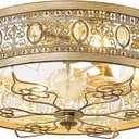 19" Flush Mount Caged Ceiling Fan with Light, Vintage Rustic Crystal Fandelier, Low Profile Ceiling Fans with Lights and Remote, 6 Speed Reversible for Bedroom Living Room Dining Room, 19.3 inch
