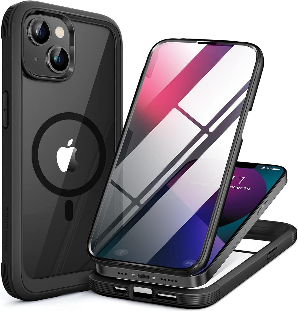 Miracase for iPhone 13 Case 6.1'',Full-Body Magnetic Clear Bumper Case with Built-in 9H Tempered Glass Screen Protector,Military Drop Protection Outdoor Phone Case,Black