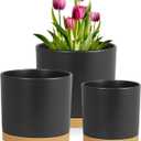 8/7/6 inch Flower Pots, 3 Pack Cylinder Plant Pots for Outdoor Indoor Plants, Decorative Plastic Planters with Drainage Holes and Saucers for Garden House Plants, Black with Brown