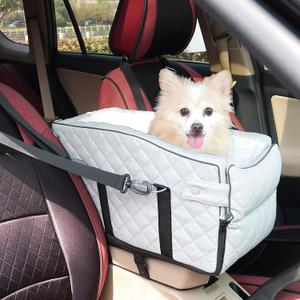 PU Center Console Dog Car Seat for Small Dogs Up to 12lbs, Portable Dogs Armrest Booster Seat with Adjustable Straps & Storage Pocket (Grey PU) (Medium)