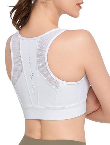 Yvette Zip Front Sports Bras for Women High Impact Supportive Large Bust Bras for Running, White, 4XL+