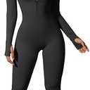 OQQ Women Yoga Jumpsuits Workout Ribbed Long Sleeve Zip Front Sport Jumpsuits, Black, Size L