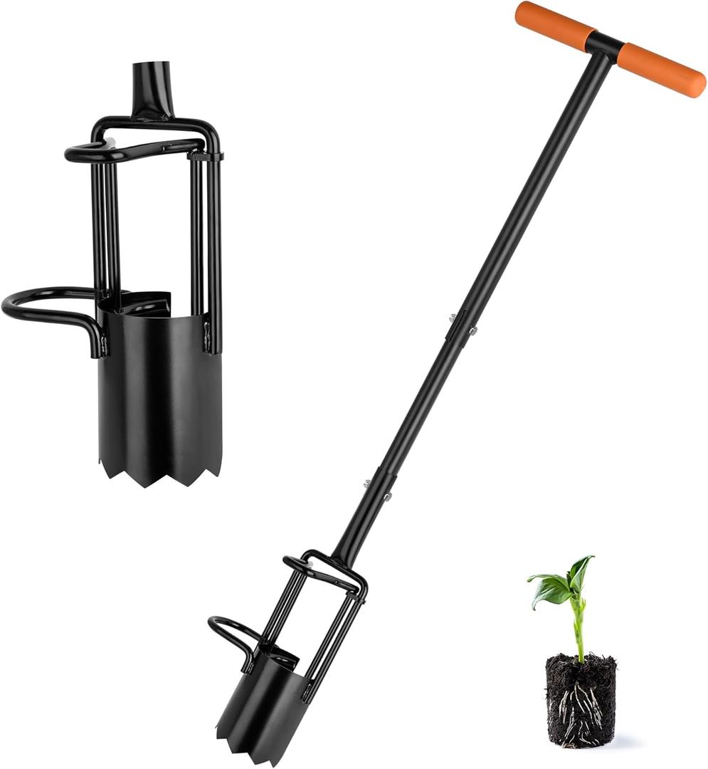Bulb Planter Tool Long Handle, Tulip Bulb Planter Tool with Serrated Base & Double Pedal, Soft T Grip Sod Plugger, Heavy Duty Bulb Planter Tool for Digging Holes Sowing Plant Bulb
