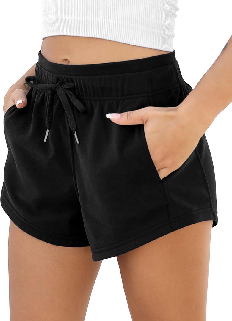ODODOS Women's Sweat Shorts with Pockets Cotton French Terry Drawstring Summer Workout Casual Lounge Shorts (Large, Black)