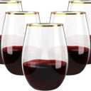 FOCUSLINE 20pcs 16 Oz Plastic Wine Glasses, Stemless Gold Rim, Heavy Duty Disposable Drinking Cups, Reusable Shatterproof for Party & Wedding