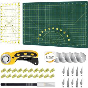 Headley Tools Rotary Cutter Set - 45mm Fabric Cutter, 5 Extra Rotary Blades, A3 Cutting Mat, Quilting Ruler and Sewing Clips, Craft Knife Set, Ideal for Crafting, Sewing, Scrapbooking, Patchworking (Green)