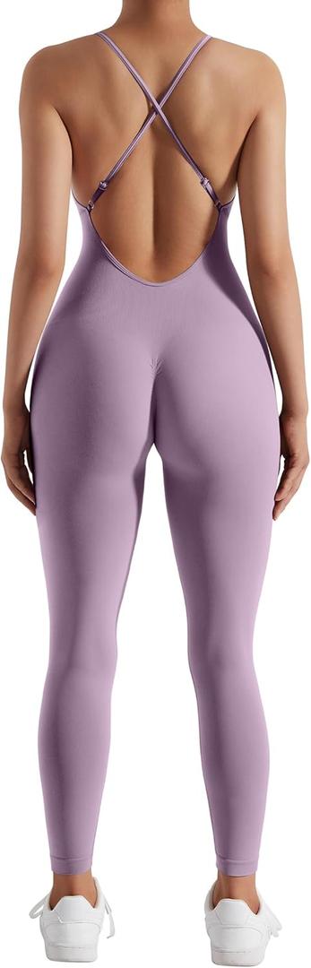 MOOSLOVER Women Strappy Backless One Piece Jumpsuits Tummy Control Padded Workout Rompers (Purple, S)