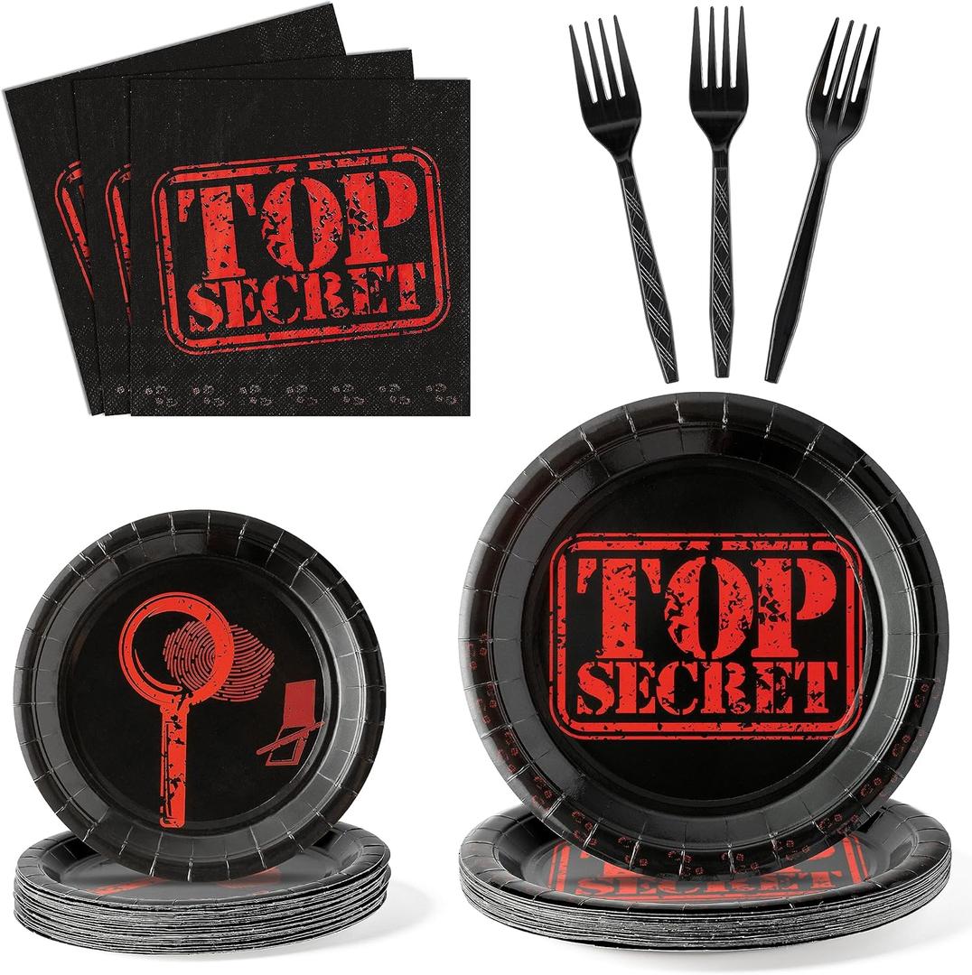 96Pcs Top Secret Party Plates Supplies Secret Agent Spy Detective Party Tableware Decorations Escape Room Disposable Paper Plates Napkins Forks for Kids Birthday Baby Shower, Serves 24 Guests