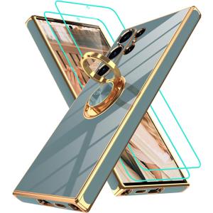 Gritup for Samsung Galaxy S24 Ultra Case: with 2Pcs Screen Protector, 360 Rotation Ring Holder Magnetic Kickstand Plating Gold Edge Soft TPU Shockproof Protective Cover for S24 Ultra, Gray