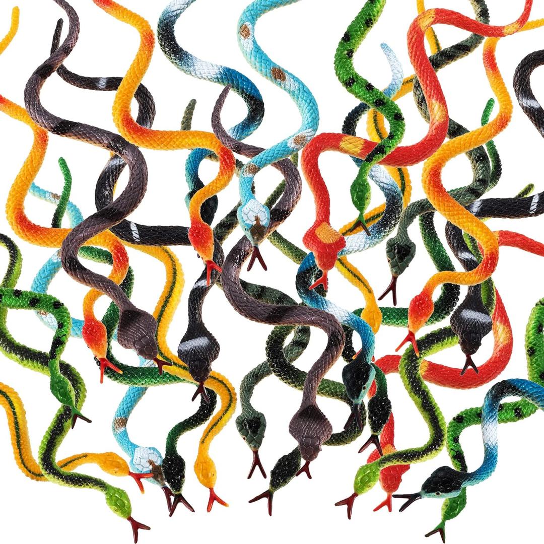 Blulu 24 Pieces Small Plastic Snakes Realistic Rubber Fake Snake 4 Inch Assorted Colorful Toys for Garden Prank Prop Scare Birds Halloween Party Favors