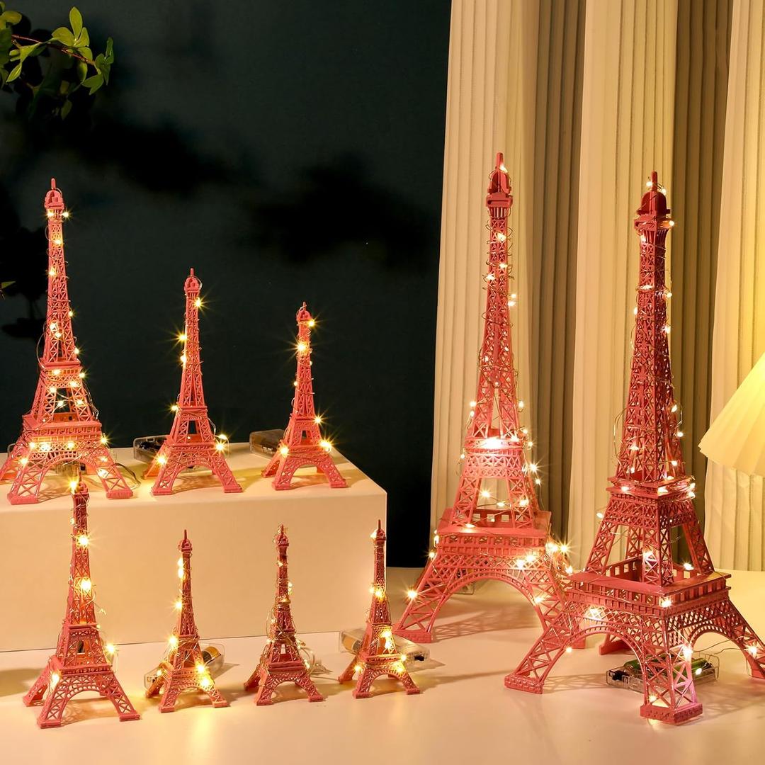 Hicarer 9 Pcs Eiffel Tower Statue Decor 5-15 Inch 5 Size Alloy Metal Paris Eiffel Tower Craft French Party Decoration for Living Room Table Stand Holder Collectible Gift(Pink)