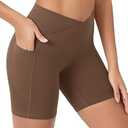 ODODOS Women's Crosover Yoga Shorts with Pockets, 6" Buttery Soft V High Waist Lounge Biker Shorts, Brunette, X-Large