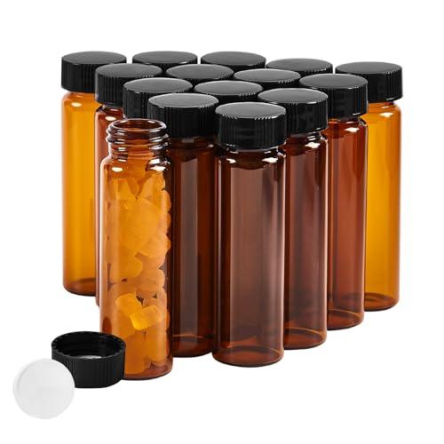 QOAEZK 15 PCS 40ML Amber Small Liquid Sample Glass Vials with Screw Caps,27.5x95mm Leak-Proof Vial, 24-400 Black Screw Cap with PE Liners for Lab, Essential Oil, Perfume, Reagents