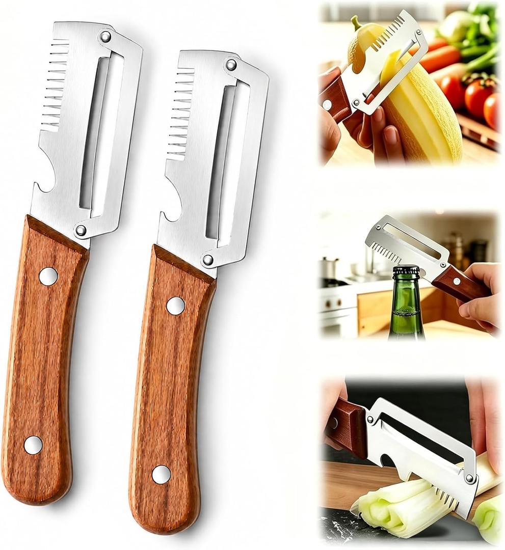 2 Pack Multifunctional Vegetable Peeler, 3 in 1 Kitchen Vegetable Peeler with Wooden Handle, Grater & Bottle Opener & Peelers for Kitchen for Potato, Carrot, Apple, Fruit & Vegetable