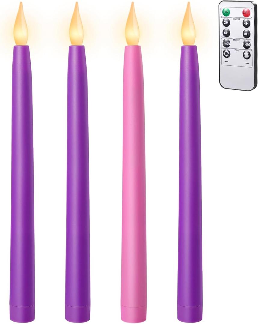 10.5'' Advent Candles Battery Operated Set of 5 with Remote, Timer & Dimmer, Plastic Flameless LED Taper Candlesticks for Advent Wreath, Christmas Table Centerpiece Decor (3 Purple 1 Pink)